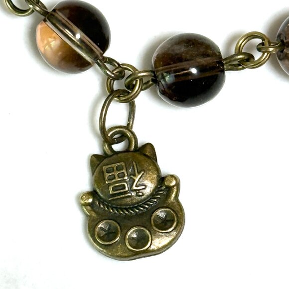 Natural Smoky Quartz Short Necklace, Genuine Gemstone + Cute Bronze Fortune Cat - Picture 6 of 14